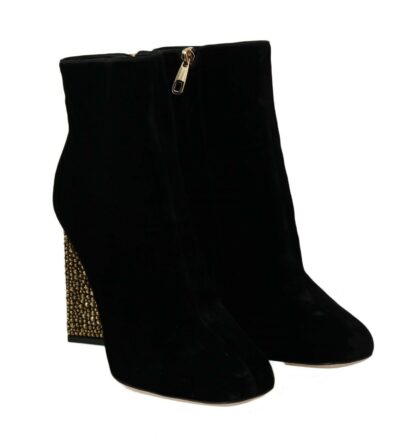 Dolce & Gabbana - Elegant Velvet Ankle Boots with Crystal Heels