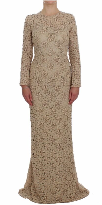 Dolce & Gabbana - Beige Floral Lace Long Sleeve Maxi Dress