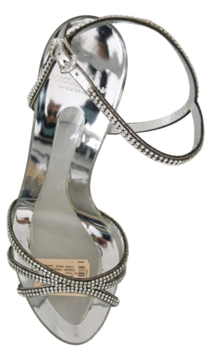 Dolce & Gabbana - Silver Leather Ankle Strap Sandals with Crystals