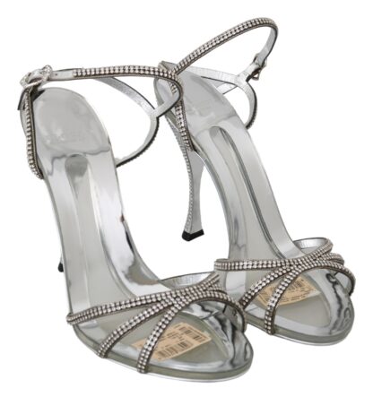 Dolce & Gabbana - Silver Leather Ankle Strap Sandals with Crystals