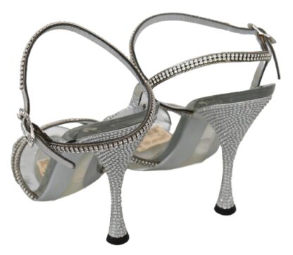 Dolce & Gabbana - Silver Leather Ankle Strap Sandals with Crystals