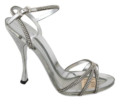 Dolce & Gabbana - Silver Leather Ankle Strap Sandals with Crystals