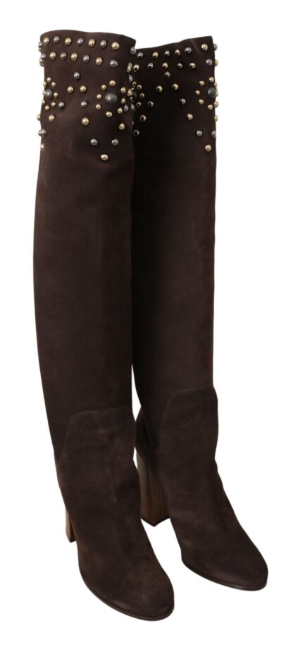 Dolce & Gabbana - Studded Suede Knee High Boots in Brown