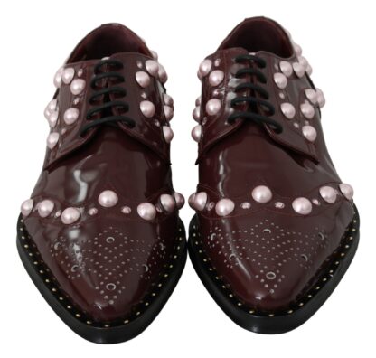 Dolce & Gabbana - Elegant Bordeaux Lace-Up Flats with Pearls and Crystals