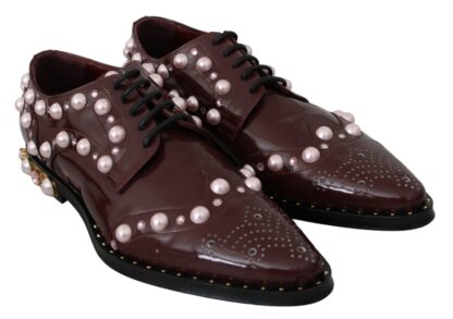 Dolce & Gabbana - Elegant Bordeaux Lace-Up Flats with Pearls and Crystals