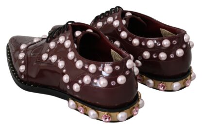 Dolce & Gabbana - Elegant Bordeaux Lace-Up Flats with Pearls and Crystals