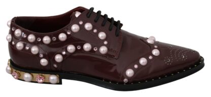 Dolce & Gabbana - Elegant Bordeaux Lace-Up Flats with Pearls and Crystals