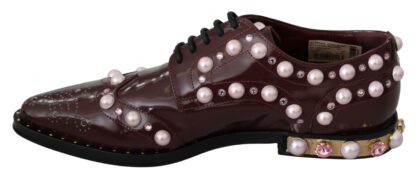 Dolce & Gabbana - Elegant Bordeaux Lace-Up Flats with Pearls and Crystals