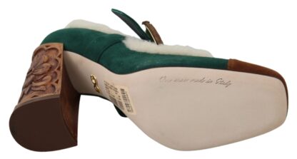 Dolce & Gabbana - Chic Green Suede Mary Janes with Shearling Trim