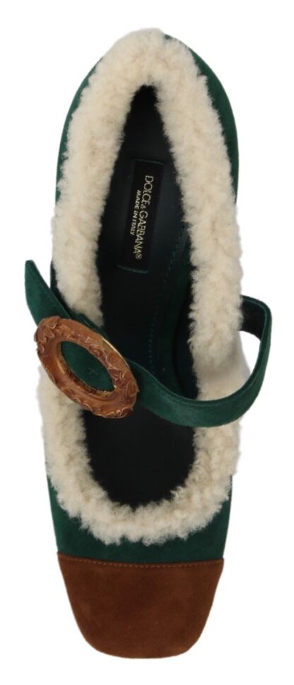 Dolce & Gabbana - Chic Green Suede Mary Janes with Shearling Trim