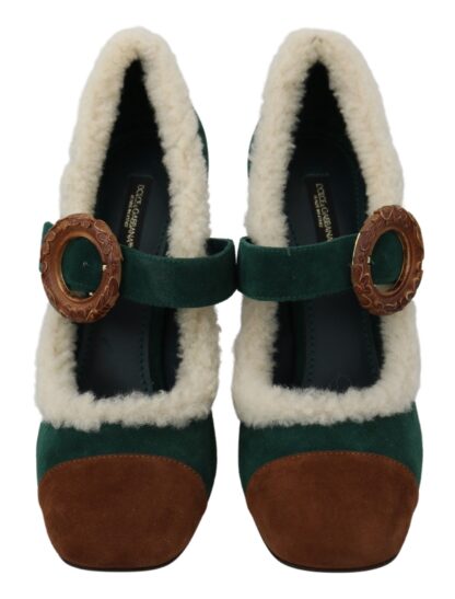 Dolce & Gabbana - Chic Green Suede Mary Janes with Shearling Trim