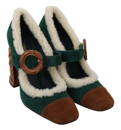 Dolce & Gabbana - Chic Green Suede Mary Janes with Shearling Trim