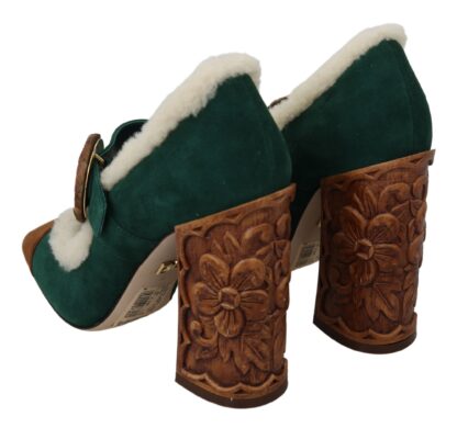 Dolce & Gabbana - Chic Green Suede Mary Janes with Shearling Trim