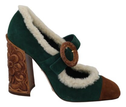 Dolce & Gabbana - Chic Green Suede Mary Janes with Shearling Trim