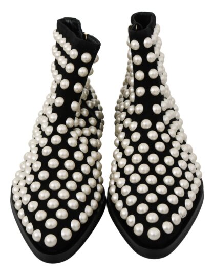 Dolce & Gabbana - Chic Black Suede Ankle Boots with Pearls