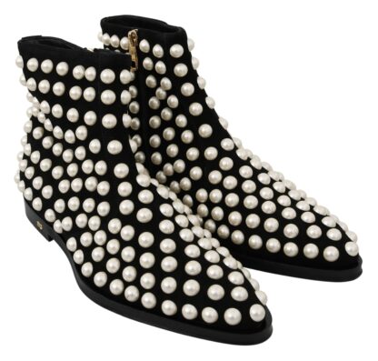 Dolce & Gabbana - Chic Black Suede Ankle Boots with Pearls