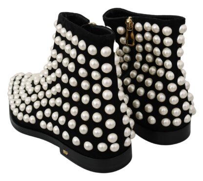 Dolce & Gabbana - Chic Black Suede Ankle Boots with Pearls