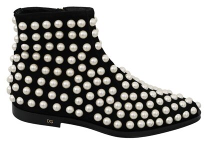 Dolce & Gabbana - Chic Black Suede Ankle Boots with Pearls