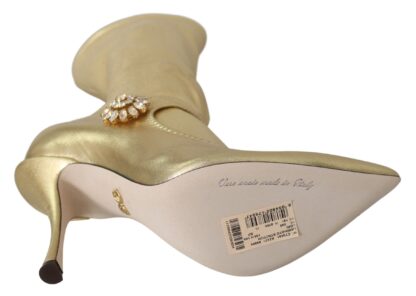 Dolce & Gabbana - Elegant Gold Ankle Boots Socks with Rhinestones