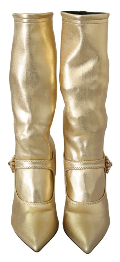 Dolce & Gabbana - Elegant Gold Ankle Boots Socks with Rhinestones