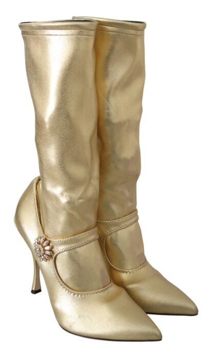 Dolce & Gabbana - Elegant Gold Ankle Boots Socks with Rhinestones