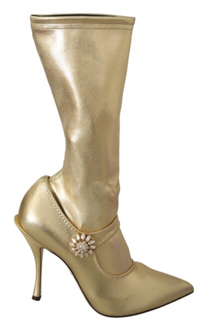 Dolce & Gabbana - Elegant Gold Ankle Boots Socks with Rhinestones