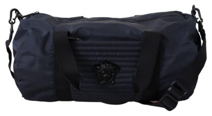 Versace - Elegant Blue Nylon Travel Bag with Leather Details