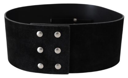 GF Ferre - Elegant Black Leather Wide Belt with Silver Tone Buckle