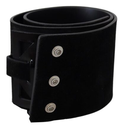 GF Ferre - Elegant Black Leather Wide Belt with Silver Tone Buckle