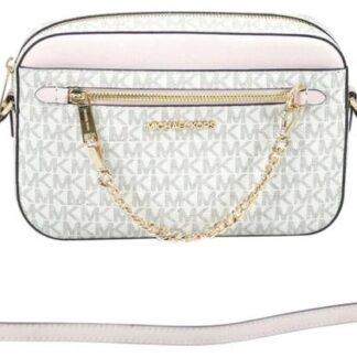 Michael Kors - Jet Set Travel Medium Leather X Cross Dome Crossbody Handbag (Vanilla Signature/Powder Blush)