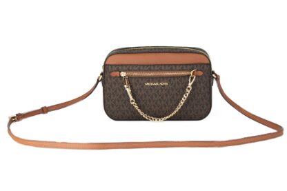 Michael Kors - Jet Set Item Large East West Signature Leather Zip Chain Crossbody Handbag (Brown PVC/Brown)