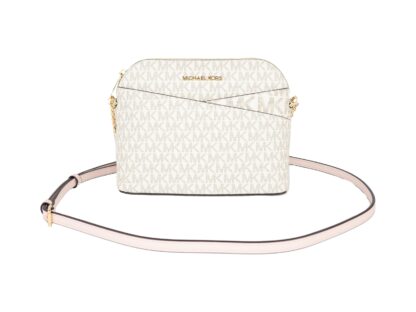 Michael Kors - Jet Set Travel Medium Leather X Cross Dome Crossbody Handbag (Vanilla Signature/Powder Blush)