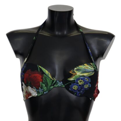 Dolce & Gabbana - Chic Black Floral Bikini Top with Tie Neck