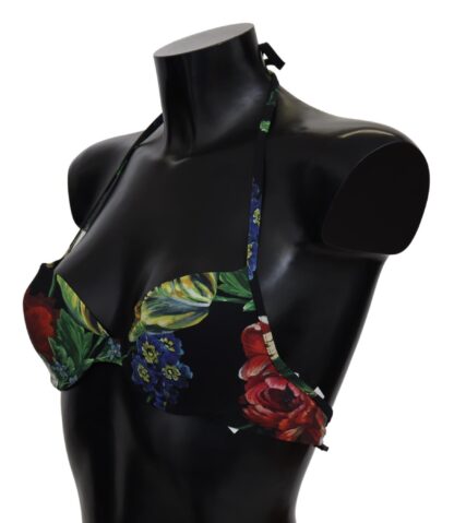 Dolce & Gabbana - Chic Black Floral Bikini Top with Tie Neck