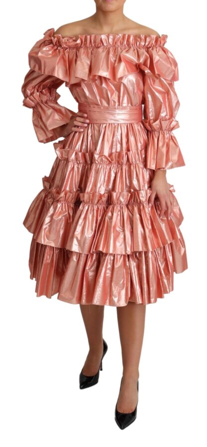 Dolce & Gabbana - Pink Metallic Ruffled Gown Elegance