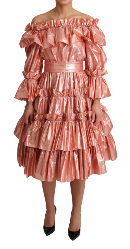 Dolce & Gabbana - Pink Metallic Ruffled Gown Elegance