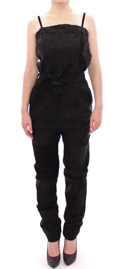 La Maison du Couturier - Elegant Black Leather Jumpsuit with Waist Strap