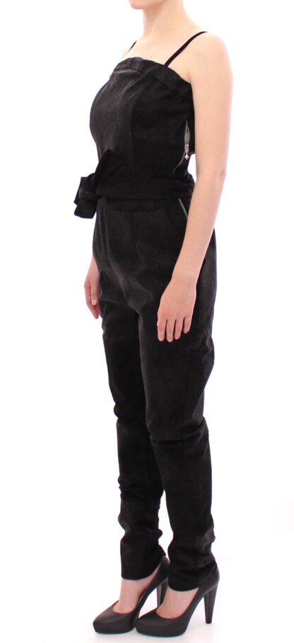 La Maison du Couturier - Elegant Black Leather Jumpsuit with Waist Strap