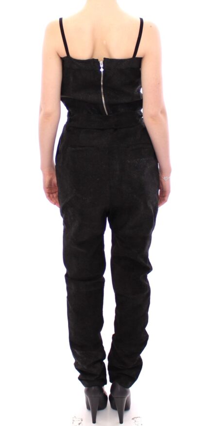 La Maison du Couturier - Elegant Black Leather Jumpsuit with Waist Strap