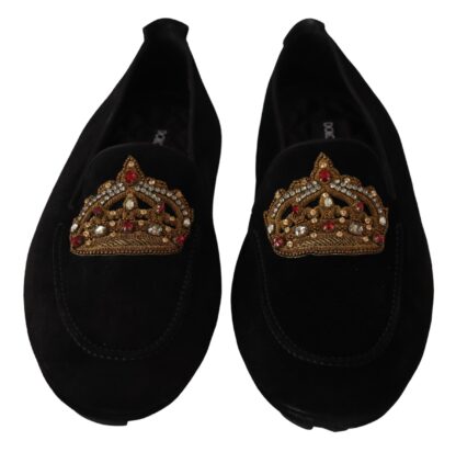 Dolce & Gabbana - Elegant Black Leather Loafer Slides with Gold Embroidery