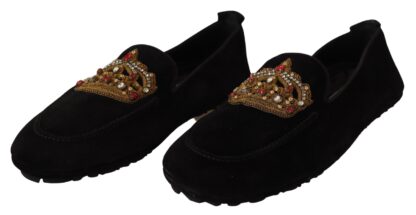 Dolce & Gabbana - Elegant Black Leather Loafer Slides with Gold Embroidery