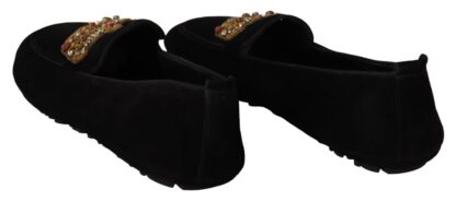 Dolce & Gabbana - Elegant Black Leather Loafer Slides with Gold Embroidery