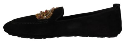 Dolce & Gabbana - Elegant Black Leather Loafer Slides with Gold Embroidery