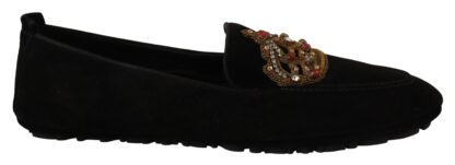 Dolce & Gabbana - Elegant Black Leather Loafer Slides with Gold Embroidery