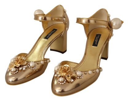 Dolce & Gabbana - Elegant Gold Leather Block Heels with Crystals