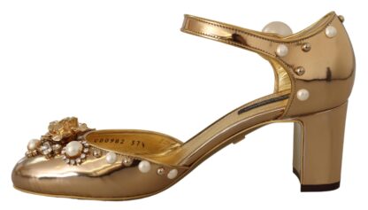 Dolce & Gabbana - Elegant Gold Leather Block Heels with Crystals