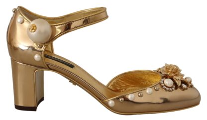 Dolce & Gabbana - Elegant Gold Leather Block Heels with Crystals