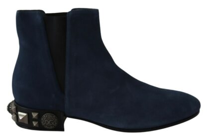 Dolce & Gabbana - Chic Blue Suede Mid-Calf Boots with Stud Details