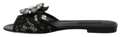 Dolce & Gabbana - Elegant Black Lace Mules with Jewel Flower Detail