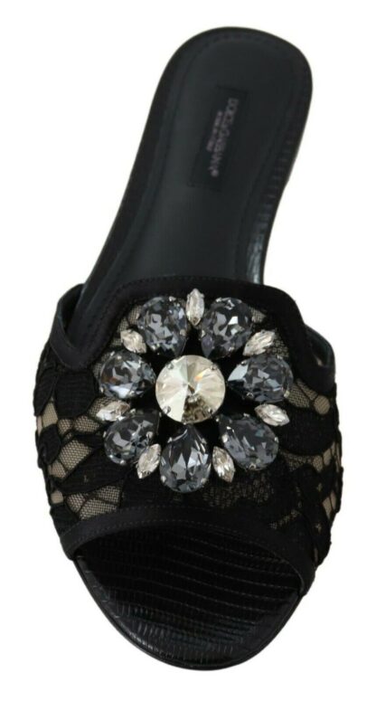 Dolce & Gabbana - Elegant Black Lace Mules with Jewel Flower Detail